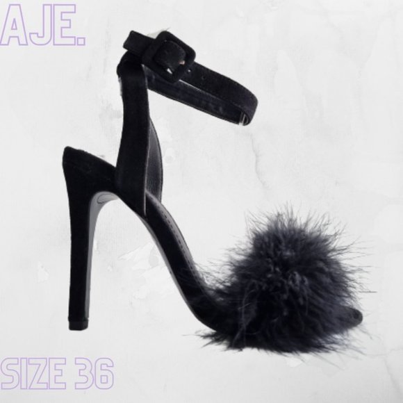 Aje. Shoes - Aje. Black Feather & Suede Open Toe Stilettos Size 36